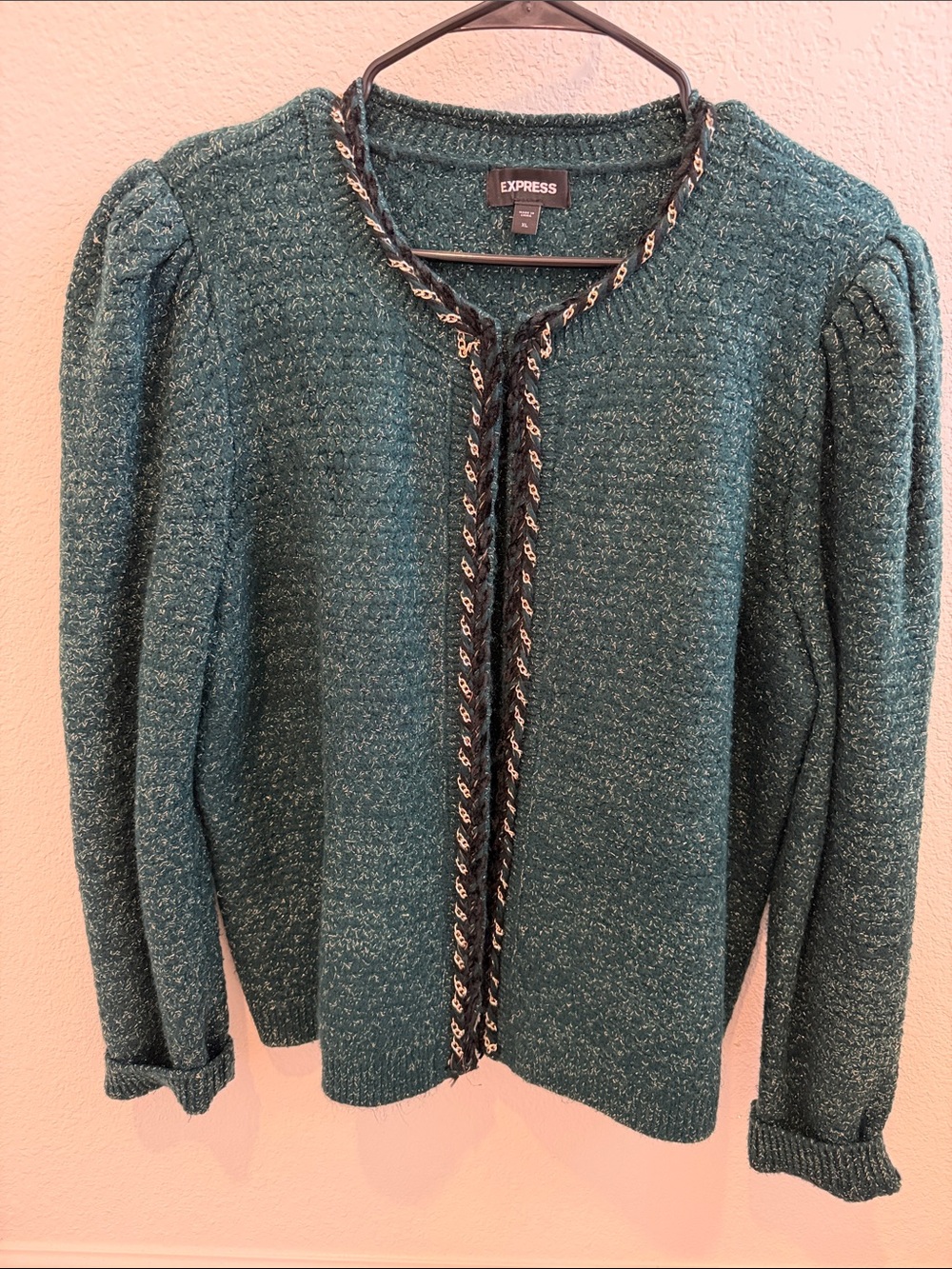 Express Teal Bouclé Open-Front Cardigan with Trim